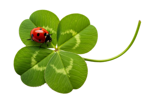 Close up of a ladybug sitting on a four leaf clover symbol of good luck png cutout transparent background