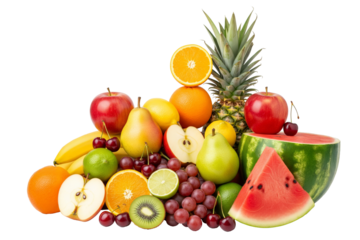 A vibrant assortment of fresh colorful fruits including apples bananas oranges pears watermelon pineapple grapes kiwi and limes on a transparent background