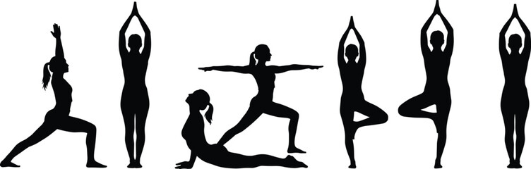 Yoga silhouette vector set showing six poses, ideal for wellness design, fitness guides, meditation art, and body alignment reference
