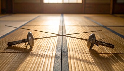 Crossed fencing swords resting on a sunlit tatami mat, symbolizing an impending duel and martial arts tradition
