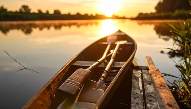 A peaceful canoe with paddles rests on a calm lake, reflecting the warm, golden glow of a stunning sunset, creating a tranquil scene in nature's embrace