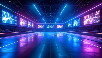 Expansive futuristic arena illuminated by vibrant blue and pink neon lights, with large screens for a major virtual esports championship event
