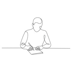 Continuous line drawing of a person writing on paper at a desk simple minimalist design illustration concept for education or work