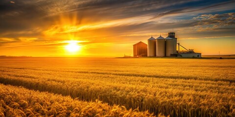 Fototapeta premium Golden sun setting behind a vast field of ripe yellow wheat
