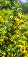 Obraz premium Dense thorny shrub covered in tiny yellow flowers and green leaves with three lobes