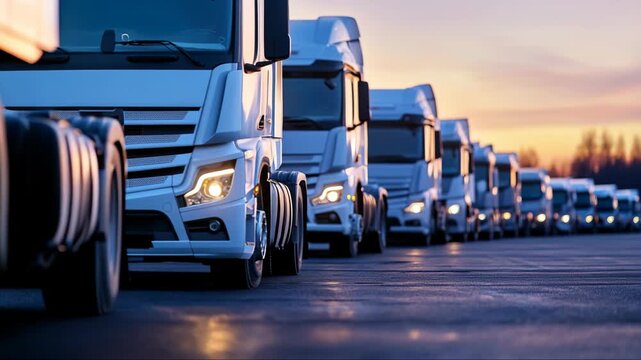 Long line of white trucks parked on asphalt highway during sunset near a forested area