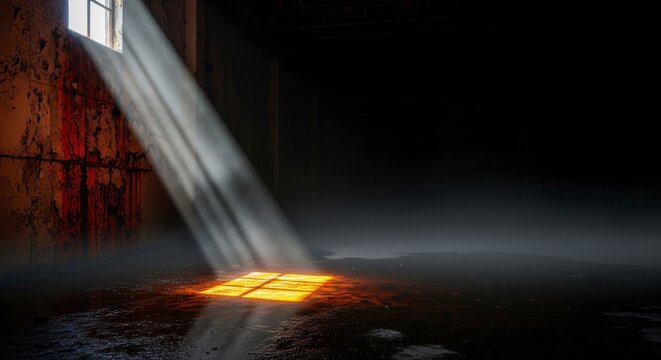 A mysterious figure in a flowing red dress dances in a beam of light inside a dark, abandoned warehouse. A cinematic concept of hope, freedom, and expression.