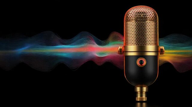 Golden mic against black background w/ colorful audio wave, broadcasting or recording