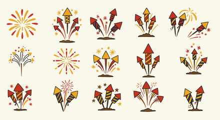 Festive Fireworks Collection: Hand-Drawn Icons for Celebrations and Holidays