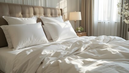 Obraz premium Soft cushioned bed with white sheets and fluffy pillows in bright bedroom.”