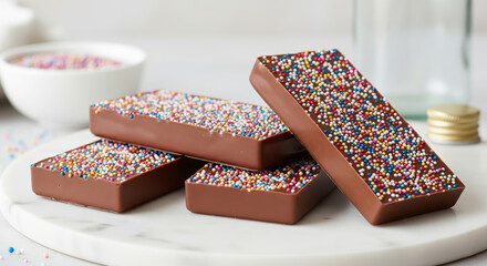 Fototapeta premium Delicious Chocolate Bars Covered in Colorful Sprinkles
