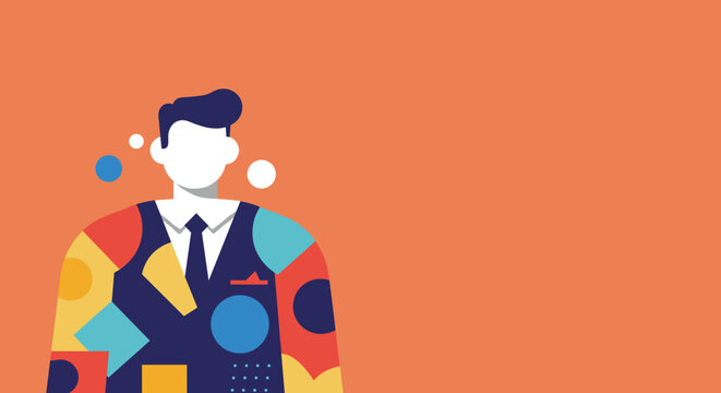 Stylized illustration of a businessman thinking, surrounded by colorful geometric shapes, on a vibrant orange background. Represents creativity, innovation, and diverse thinking in modern business.