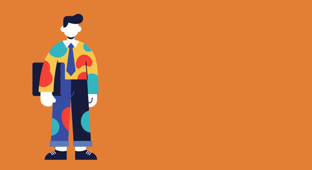 Stylized person in colorful, abstract attire holding a laptop, representing creativity and individuality in modern business or education. Ample copy space.