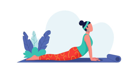 Illustration of a woman practicing yoga in a calm setting, performing a Cobra pose on a mat, embodying health, well-being, and an active lifestyle.
