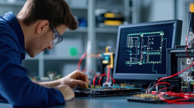 Engineer Working on Circuit Board in Modern Electronics Lab Environment
