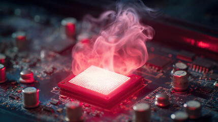Dark close-up motherboard with bright red glowing CPU and thin smoke trails indicating critical hardware damage