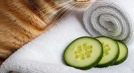 Relaxing Cat with Cucumber Slices on a Spa-Like White Towel