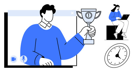 Person holding trophy through video call window, woman working on a laptop, and a clock. Ideal for success, remote work, productivity, time management, teamwork, achievement digital communication