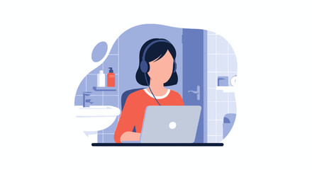 Young woman with headphones on laptop, working from an unconventional bathroom space. Represents remote work, adaptability, privacy, and modern business lifestyle.