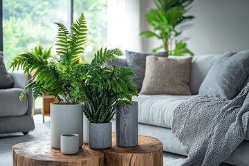 Lush Green Indoor Plants Enhancing Cozy Living Room Atmosphere with Natural Light