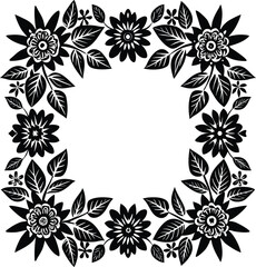 Decorative black and white floral square frame featuring flowers and leaves intricate retro design perfect for crafts and stationery