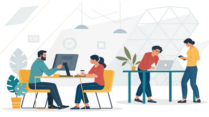 Diverse professionals collaborating in a modern office. Team members are focused on computers and devices, representing productivity, innovation, and a dynamic business environment.