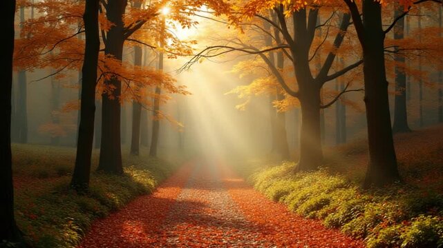 Autumn forest scenery with rays of warm light
