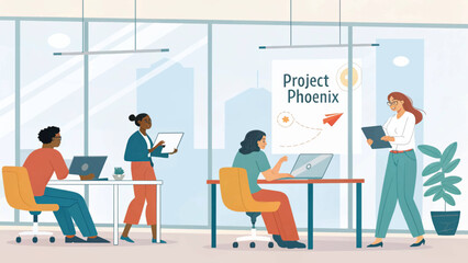 Diverse team collaborating on a business project in a modern office, symbolizing innovation, teamwork, and professional development. Ideal for corporate and startup themes.