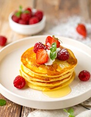 Stacked pancakes with fresh berries and cream