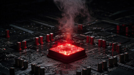 Dark close-up motherboard with bright red glowing CPU and thin smoke trails indicating critical hardware damage
