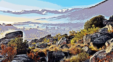 Obraz premium Landscape with early morning fog over the Ceres mountains mixed media
