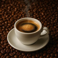 Fototapeta premium Hot Espresso shot in a white cup with coffee beans