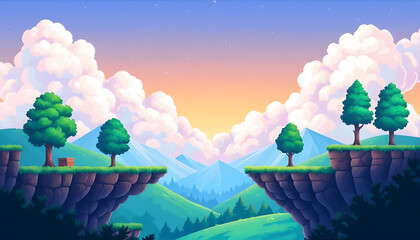 Summer natural landscape with green grass, bushes and trees on meadow in foot of high mountains. Cartoon vector panoramic scenery with grassland near hills, blue sky with clouds. Countryside scene.