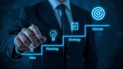 Image of a Businessman Planning Steps to Success, a Visual Metaphor for Business Strategy, Goal Achievement, and Growth
