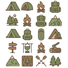 Collection 20 charming camping icons, perfect travel blogs, websites, outdoor adventures.