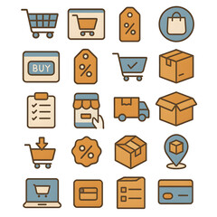 Collection 24 colorful e-commerce icons, perfect websites, apps, presentations. Depicts shopping carts, boxes, tags, delivery, payment. Ideal online stores, marketing, e-commerce projects.