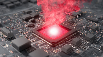 Dark close-up motherboard with bright red glowing CPU and thin smoke trails indicating critical hardware damage