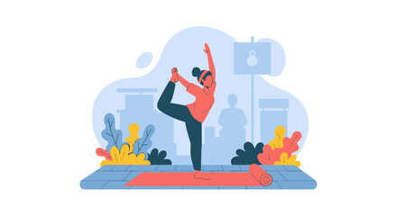 Woman practicing yoga dancer's pose on a mat, symbolizing balance, wellness, and mindful living. Ideal for health and lifestyle content.