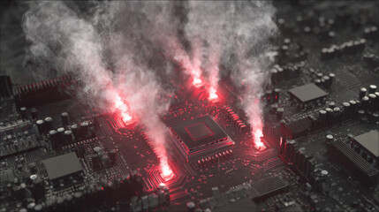 Dark close-up motherboard with bright red glowing CPU and thin smoke trails indicating critical hardware damage