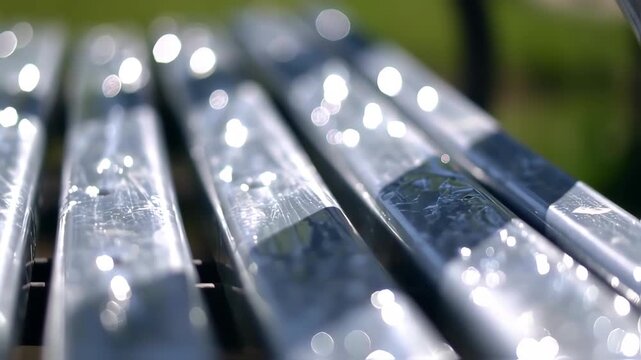 Close-up of park bench, reflective metal, sunlight