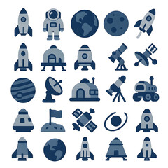 Collection space icons including rockets, astronauts, planets, satellites, space stations. Perfect space-themed projects.