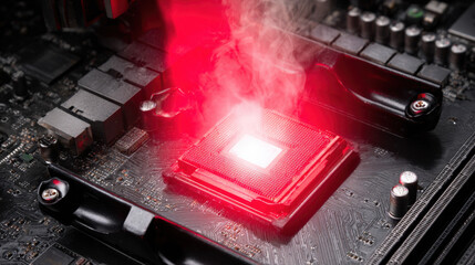 Dark close-up motherboard with bright red glowing CPU and thin smoke trails indicating critical hardware damage