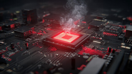 Dark close-up motherboard with bright red glowing CPU and thin smoke trails indicating critical hardware damage