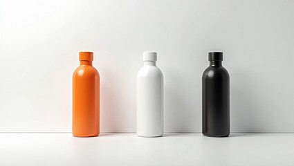 Minimalist plastic bottle mockup in orange, white, and black colors for product branding and packaging design presentation