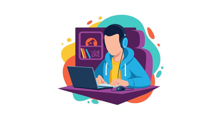 Young man gaming or working remotely in his cozy 'man cave' home office with laptop and headphones, representing modern digital lifestyle and leisure.