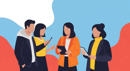 Business colleagues collaborating and communicating with digital devices, illustrating modern teamwork and technology integration in a professional setting.