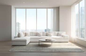 Modern white living room with city view