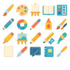 This vibrant image showcases a diverse collection art supply icons, perfect projects needing a creative touch.