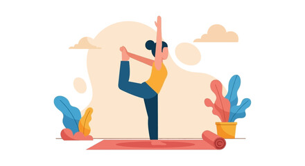 Woman performing a balanced yoga pose on a mat in a serene setting. Represents wellness, mindfulness, and healthy lifestyle concepts. Perfect for fitness and health promotion.