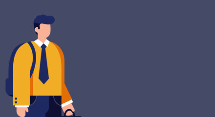 A professional man in a yellow shirt and blue tie with a backpack and briefcase, representing business, commuting, or education. Ideal for corporate, travel, or lifestyle content with copy space.